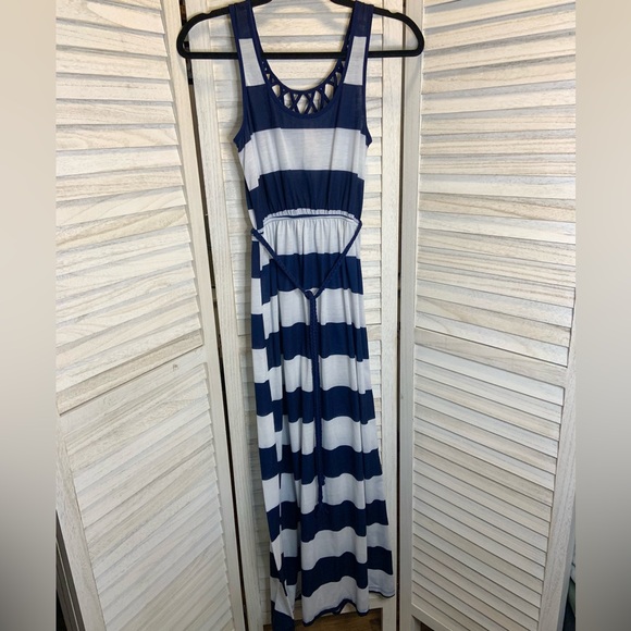No Boundaries Nautical Blue and White Stripe Caged Neckline Maxi Sundress - Picture 4 of 10